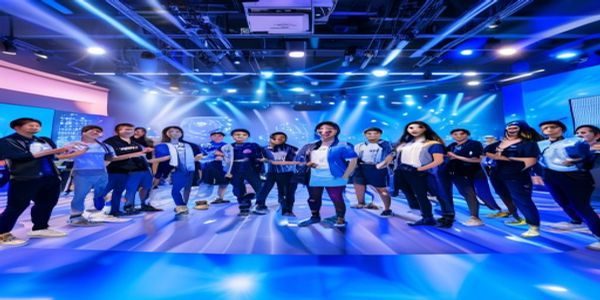亚洲sese 2026夏季版本发布会现场，团队成员在科技感十足的蓝色舞台上展示新功能